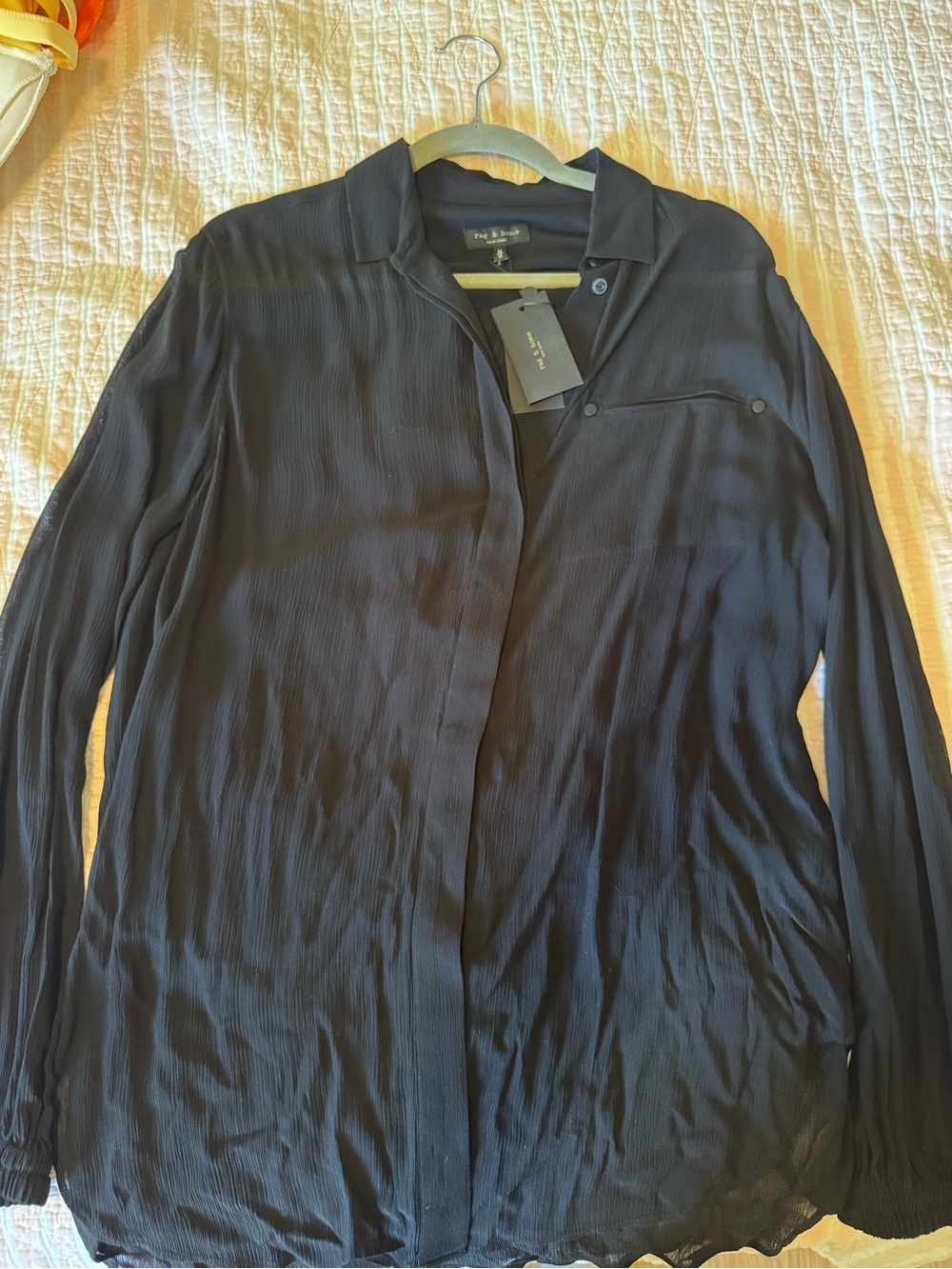 NWT Rag & Bone Shelley Black Crinkle Sheer Button Down Shirt Blouse